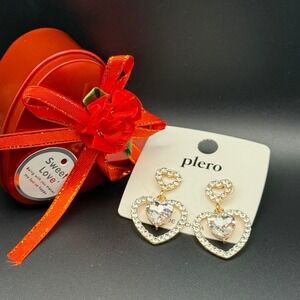 Heart Dangle Earrings Crystal Rhinestone Gold Tone Fashion Jewelry